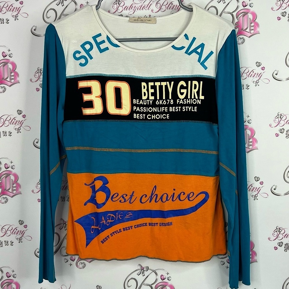 Efenzi long sleeve 30 Betty girl White and Blue Graphic Top racer moto style